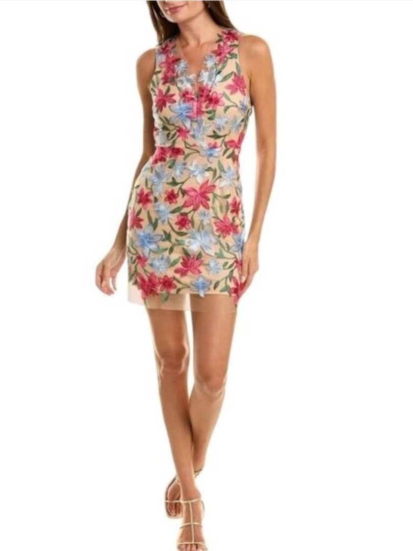 Sam Edelman Beige Mini Dress With Pink & Blue Floral Appliqu